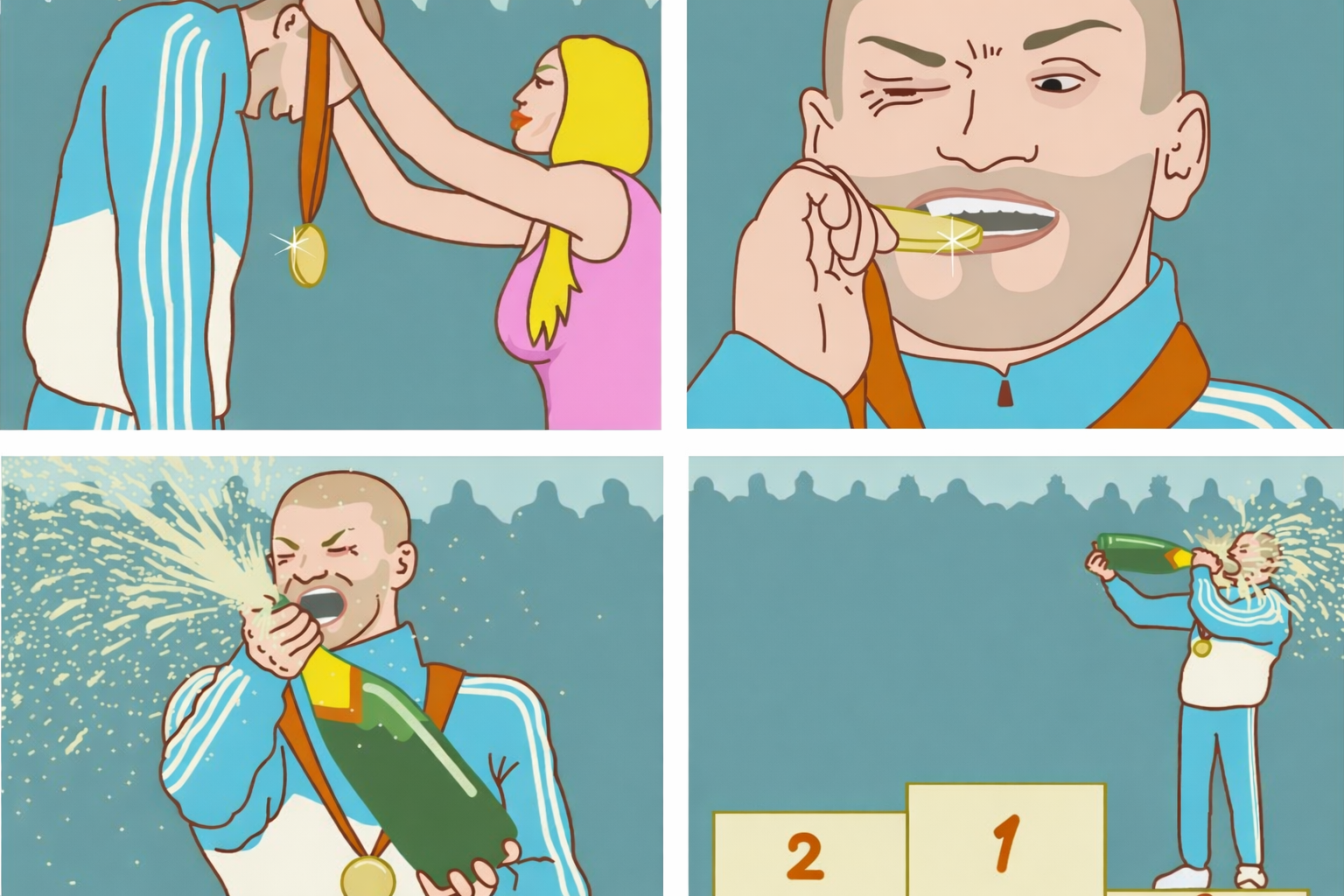 Comic: A man alone on the 3rd place podium, biting a medal and spraying champagne like he won gold